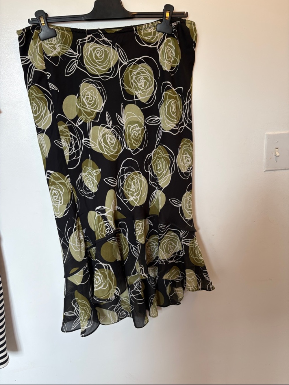 Floral Ruffle Midi Skirt in Black and Olive